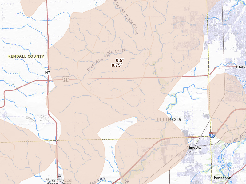 Radar-estimated hail-size map of the storm over Minooka, IL on Mar 10, 2026