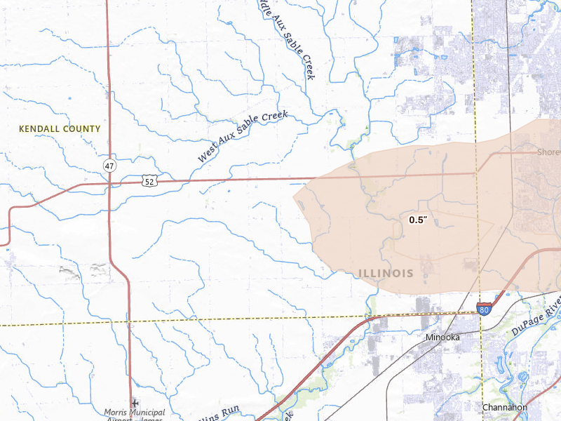Radar-estimated hail-size map of the storm over Minooka, IL on Mar 31, 2026