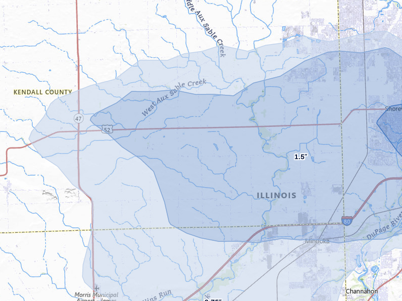NEXRAD radar-signature map of the hail over Minooka, IL
