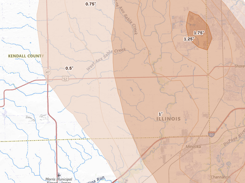 Radar-estimated hail-size map of the storm over Minooka, IL on Jul 27, 2026