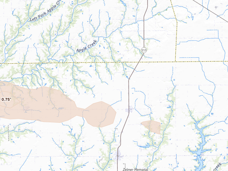 Radar-estimated hail-size map of the storm over Modesto, IL on May 3, 2026