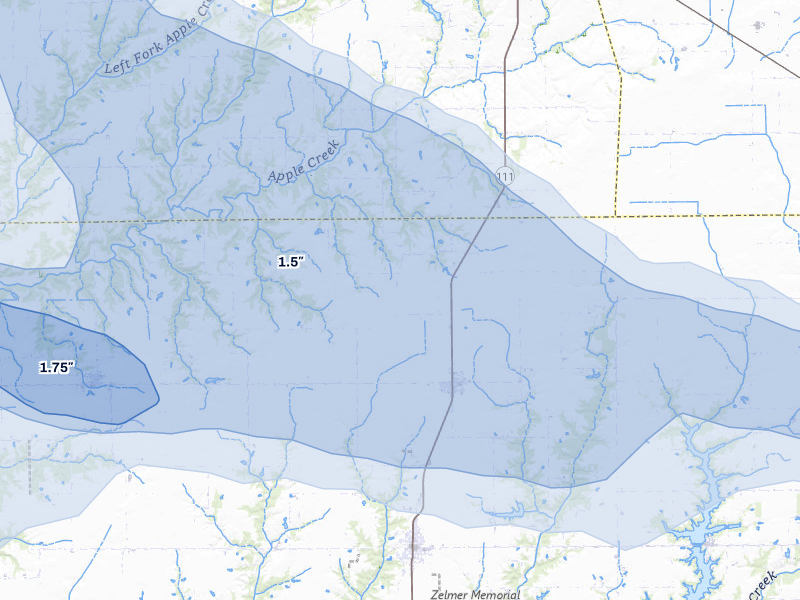 NEXRAD radar-signature map of the hail storm over Modesto, IL on May 3, 2026