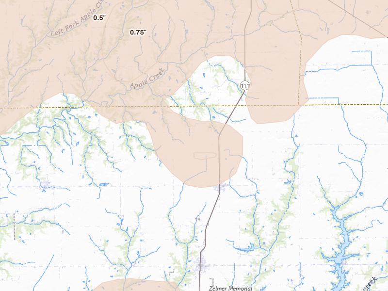 Radar-estimated hail-size map of the storm over Modesto, IL on Jun 11, 2026