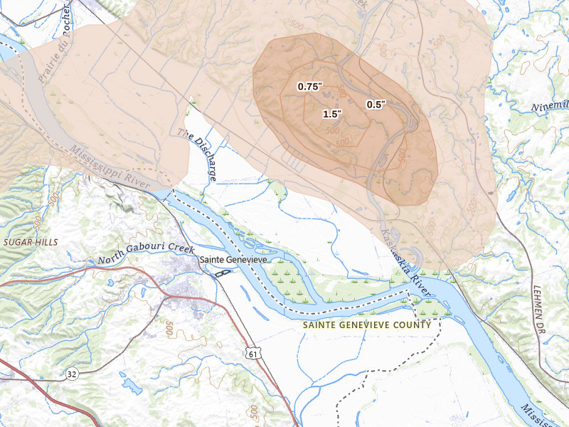 Radar-estimated hail-size map of the storm over Modoc, IL on May 31, 2026