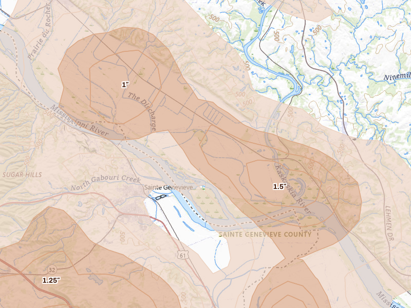 Radar-estimated hail-size map of the storm over Modoc, IL on Aug 12, 2026