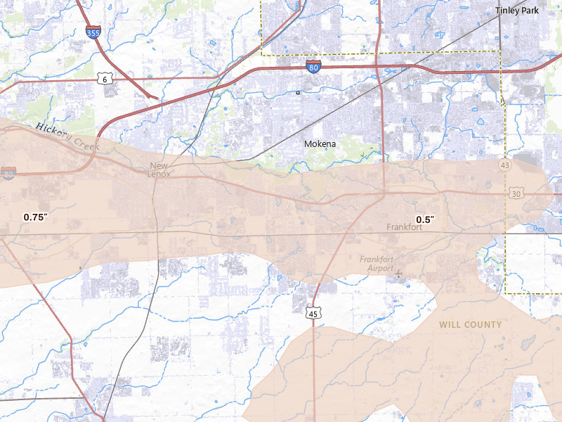 Radar-estimated hail-size map of the storm over Mokena, IL on Mar 31, 2026