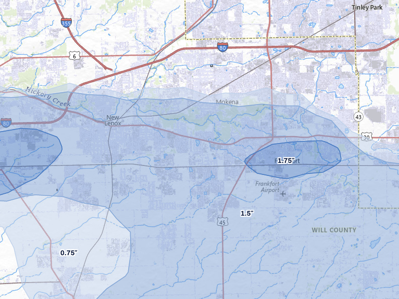 NEXRAD radar-signature map of the hail over Mokena, IL