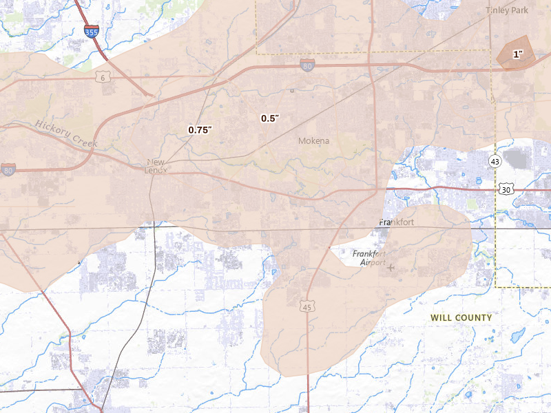 Radar-estimated hail-size map of the storm over Mokena, IL on Jul 3, 2026