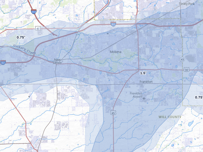 NEXRAD radar-signature map of the hail storm over Mokena, IL on Jul 3, 2026