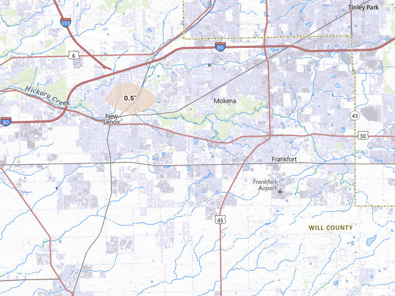 Radar-estimated hail-size map of the storm over Mokena, IL on Jul 17, 2026