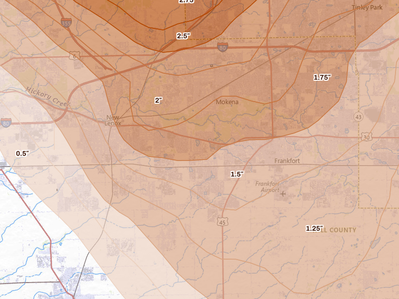 Radar-estimated hail-size map of the storm over Mokena, IL on Jul 27, 2026
