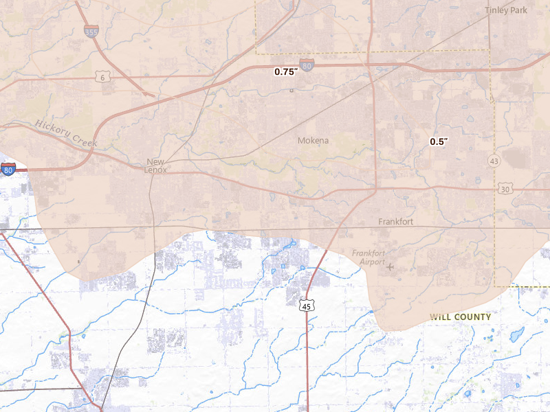 Radar-estimated hail-size map of the storm over Mokena, IL on Aug 11, 2026