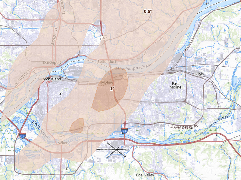 Radar-estimated hail-size map of the storm over Moline, IL on May 17, 2026