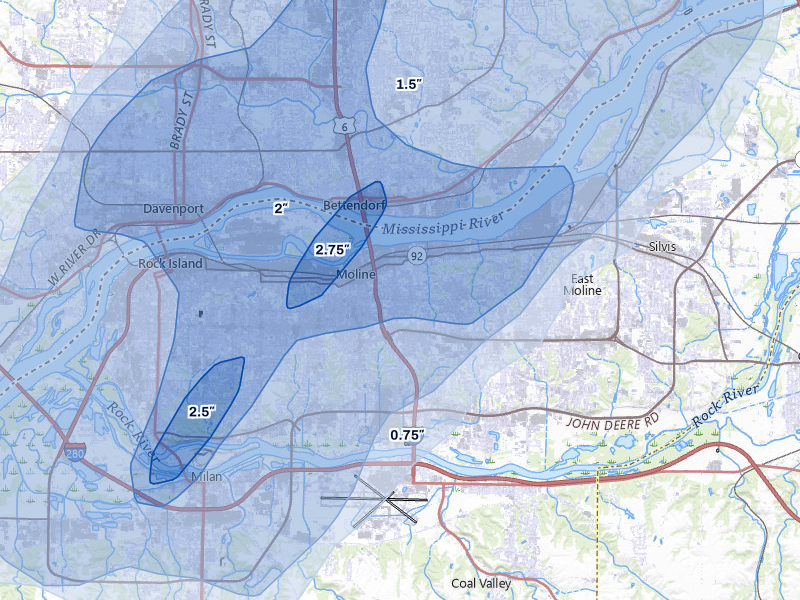NEXRAD radar-signature map of the hail storm over Moline, IL on May 17, 2026
