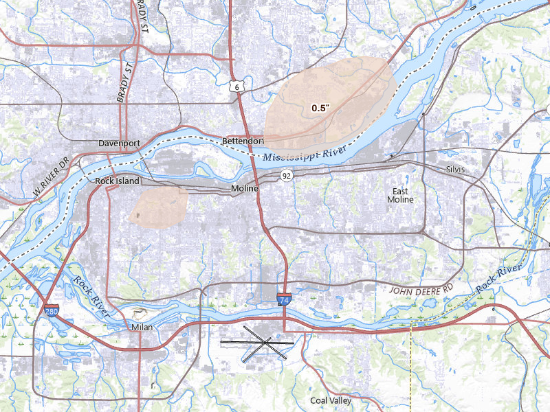 Radar-estimated hail-size map of the storm over Moline, IL on Jun 11, 2026