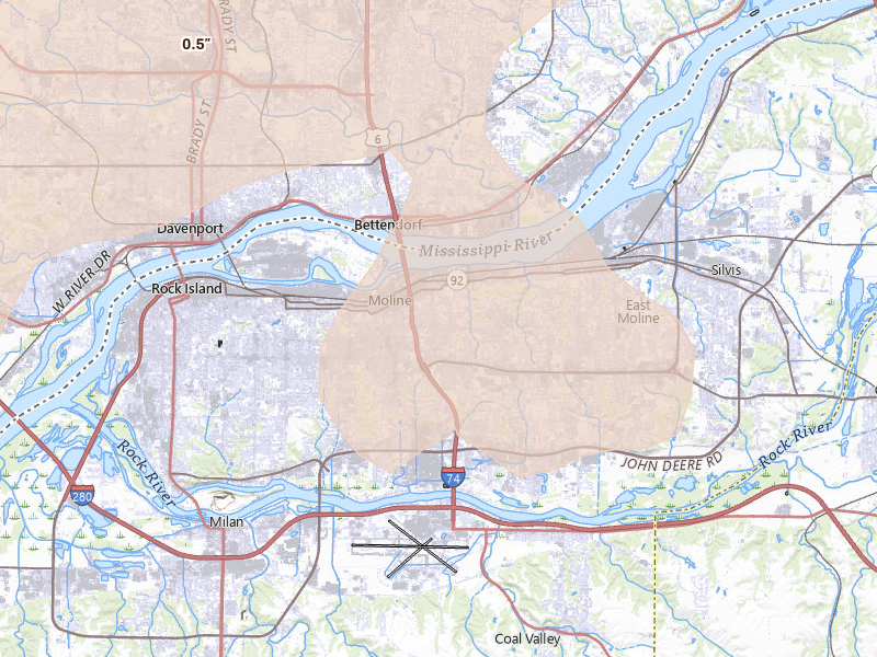 Radar-estimated hail-size map of the storm over Moline, IL on Jul 3, 2026