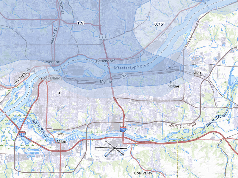 NEXRAD radar-signature map of the hail storm over Moline, IL on Jul 3, 2026