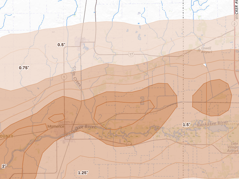Radar-estimated hail-size map of the storm over Momence, IL on Mar 10, 2026