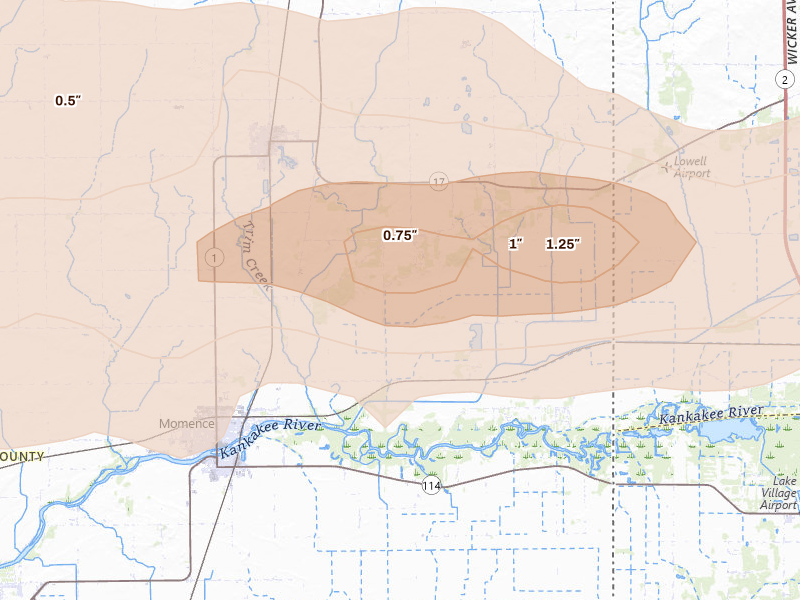 Radar-estimated hail-size map of the storm over Momence, IL on Aug 11, 2026