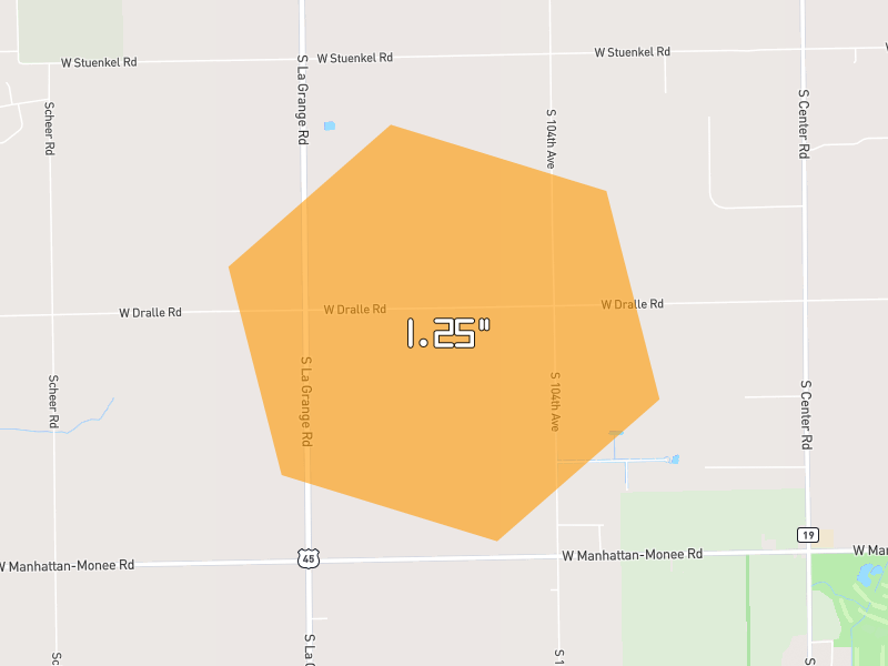 Hail map of Monee, IL on Jul 4, 2026, hail up to 1.25"