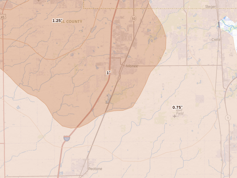 Radar-estimated hail-size map of the storm over Monee, IL