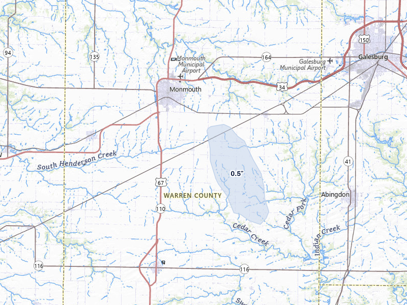 NEXRAD radar-signature map of the hail storm over Monmouth, IL on Apr 3, 2026