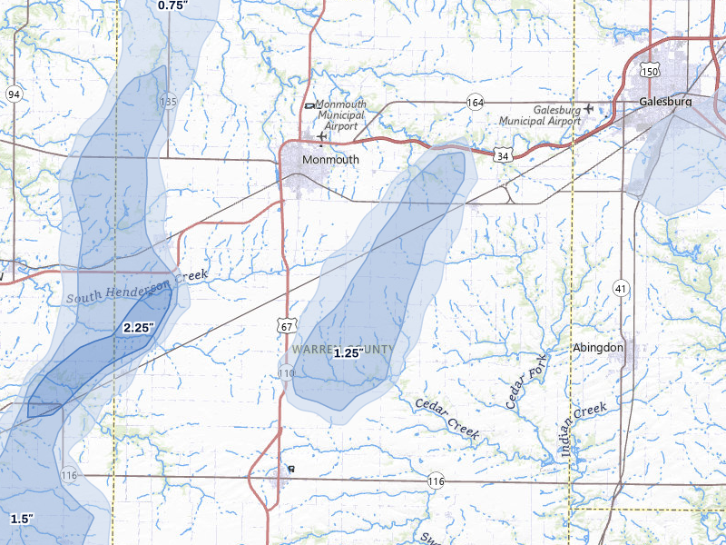 NEXRAD radar-signature map of the hail storm over Monmouth, IL on Apr 17, 2026