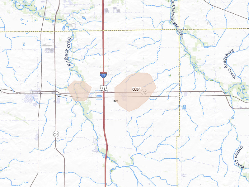 Radar-estimated hail-size map of the storm over Monroe Center, IL on Mar 30, 2026