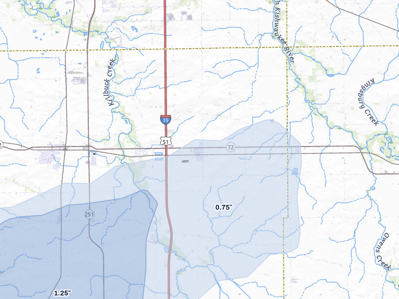 NEXRAD radar-signature map of the hail storm over Monroe Center, IL on Apr 2, 2026