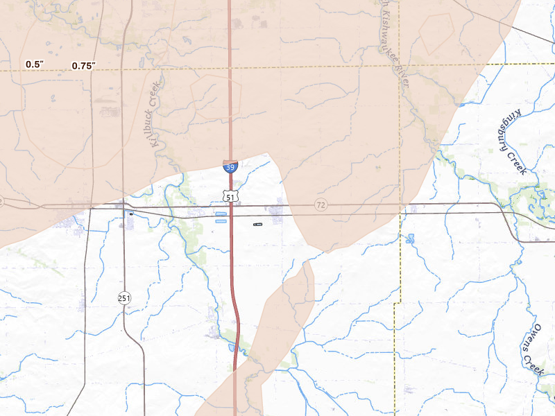 Radar-estimated hail-size map of the storm over Monroe Center, IL on Jun 10, 2026
