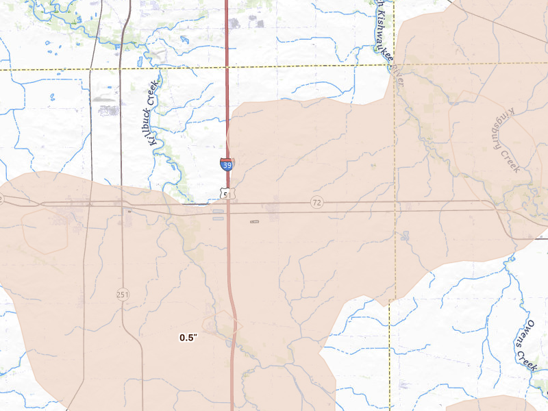 Radar-estimated hail-size map of the storm over Monroe Center, IL on Jun 11, 2026