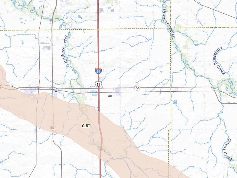 Radar-estimated hail-size map of the storm over Monroe Center, IL on Jun 24, 2026
