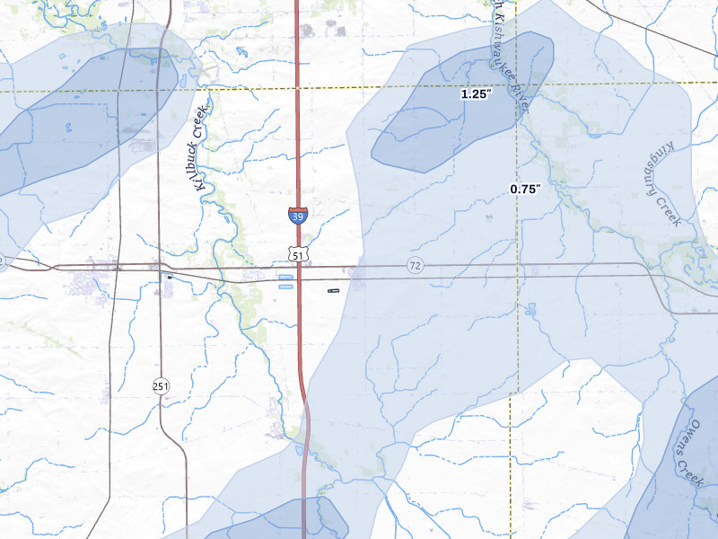 NEXRAD radar-signature map of the hail storm over Monroe Center, IL on Jul 3, 2026