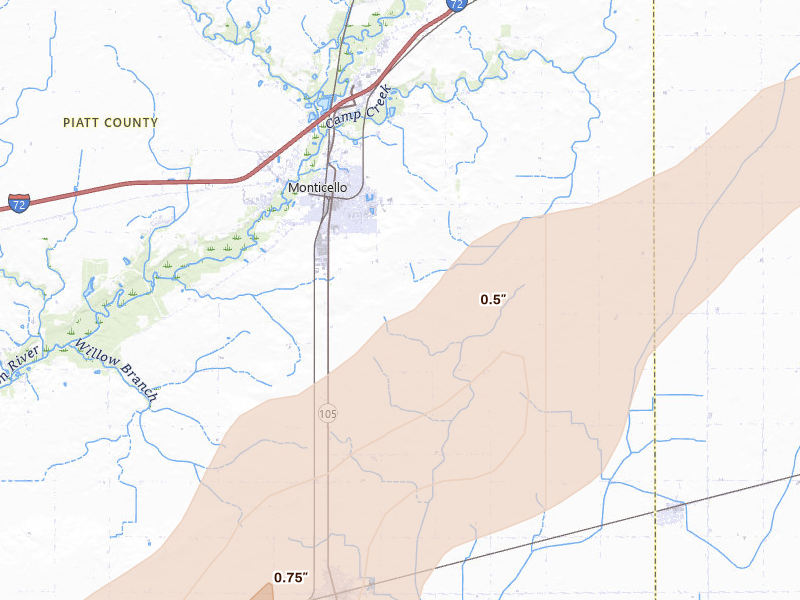 Radar-estimated hail-size map of the storm over Monticello, IL on Apr 27, 2026