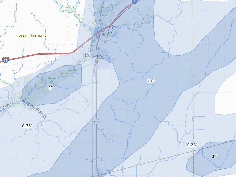 NEXRAD radar-signature map of the hail over Monticello, IL