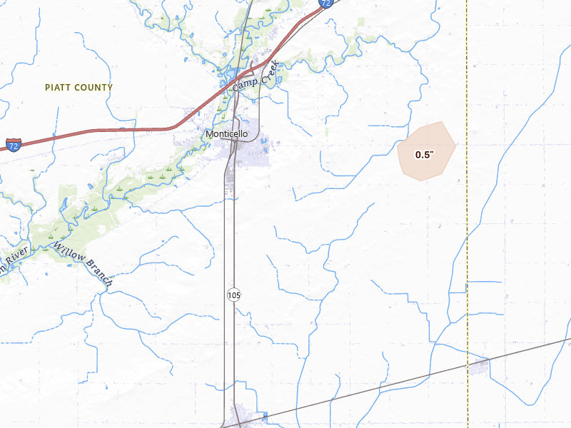 Radar-estimated hail-size map of the storm over Monticello, IL on May 4, 2026