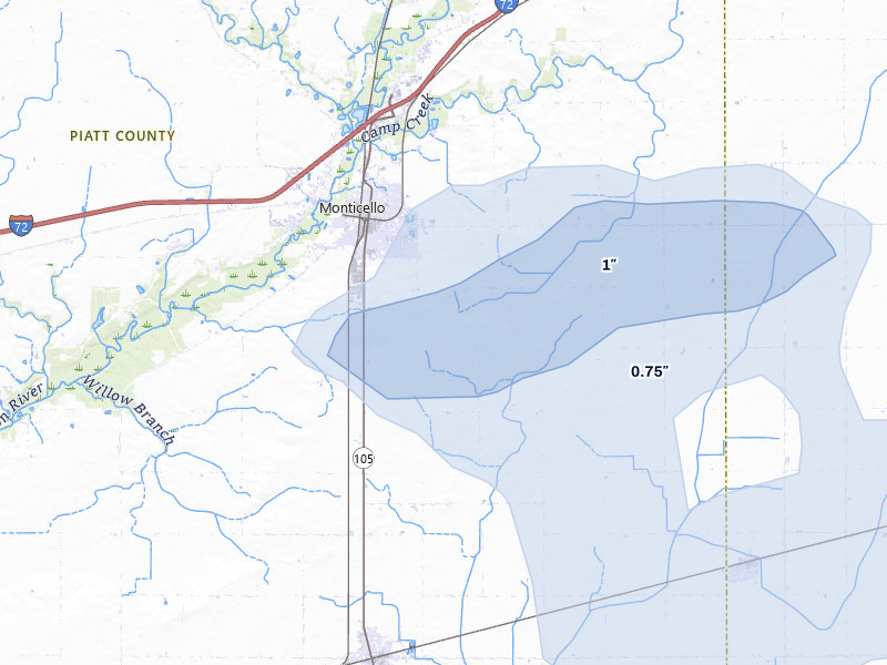 NEXRAD radar-signature map of the hail storm over Monticello, IL on May 4, 2026
