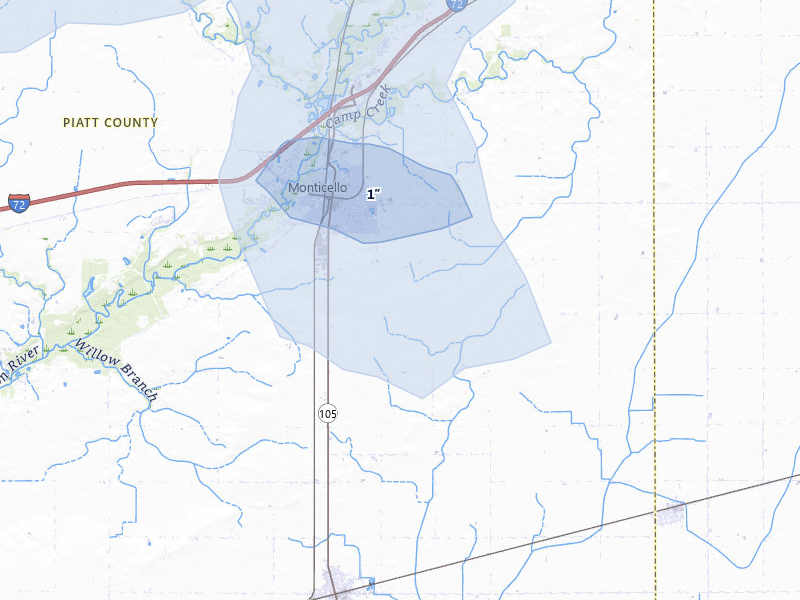 NEXRAD radar-signature map of the hail over Monticello, IL
