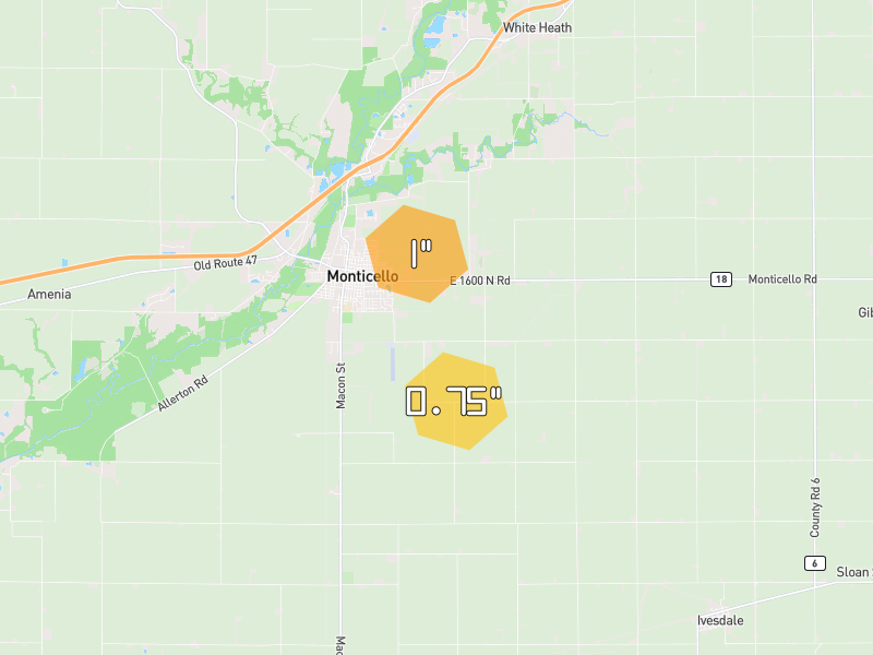 Hail map of Monticello, IL on Jul 4, 2026, hail up to 1"
