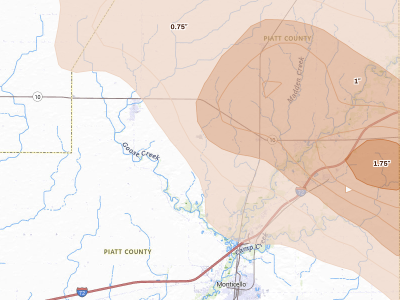 Radar-estimated hail-size map of the storm over Monticello, IL on Aug 11, 2026