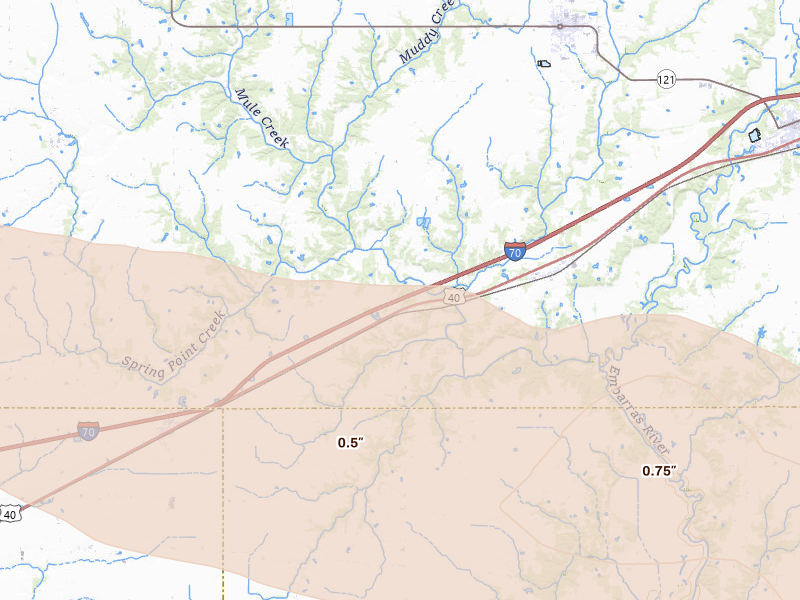 Radar-estimated hail-size map of the storm over Montrose, IL on Jun 17, 2026