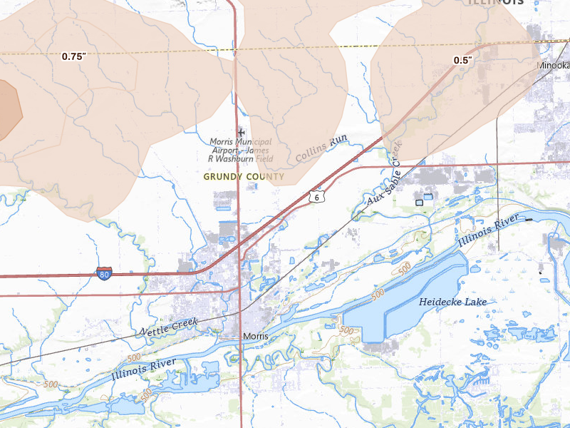 Radar-estimated hail-size map of the storm over Morris, IL on Mar 10, 2026