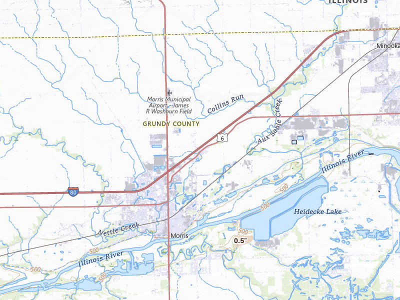Radar-estimated hail-size map of the storm over Morris, IL on Apr 13, 2026