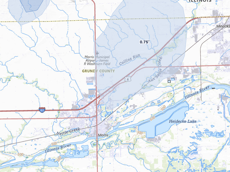 NEXRAD radar-signature map of the hail storm over Morris, IL on Jun 5, 2026