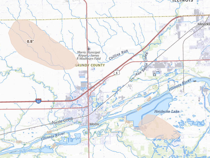 Radar-estimated hail-size map of the storm over Morris, IL on Jun 24, 2026