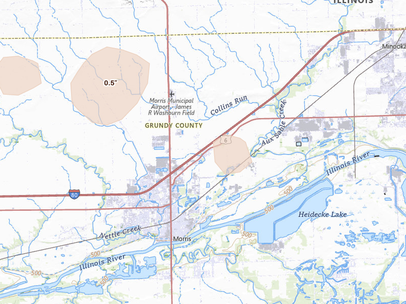 Radar-estimated hail-size map of the storm over Morris, IL on Jul 3, 2026