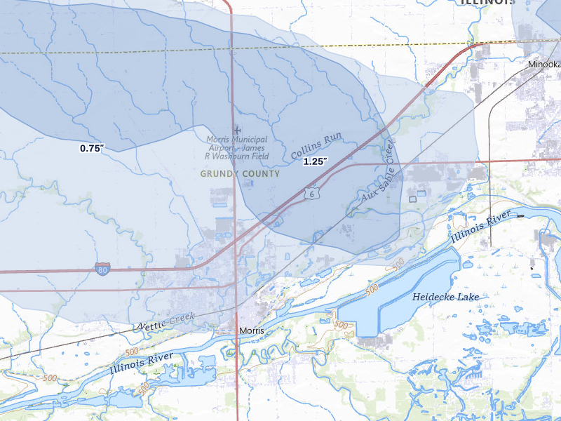 NEXRAD radar-signature map of the hail storm over Morris, IL on Jul 3, 2026