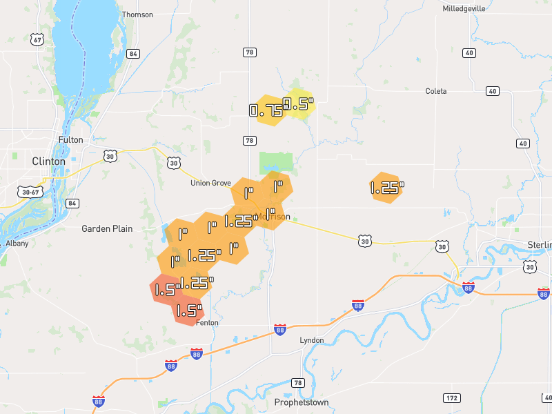 Hail map of Morrison, IL on Jul 4, 2026, hail up to 1.5"