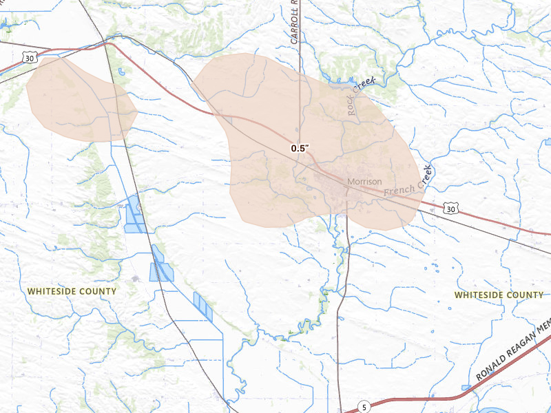 Radar-estimated hail-size map of the storm over Morrison, IL on Aug 11, 2026