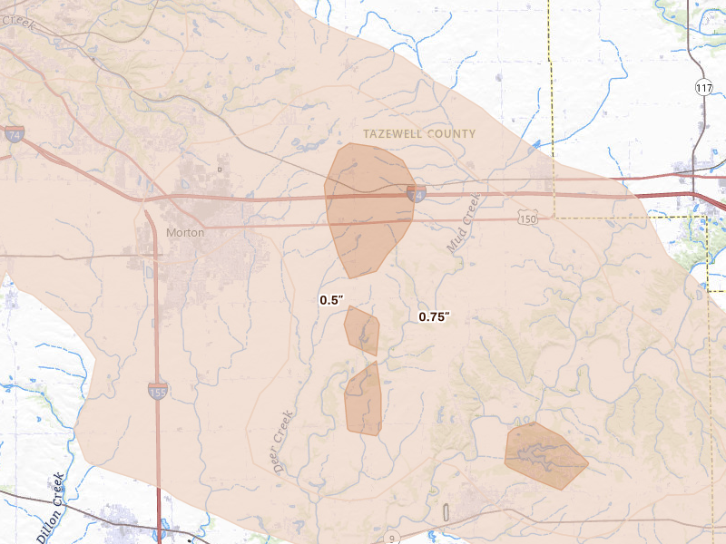 Radar-estimated hail-size map of the storm over Morton, IL on Aug 13, 2026